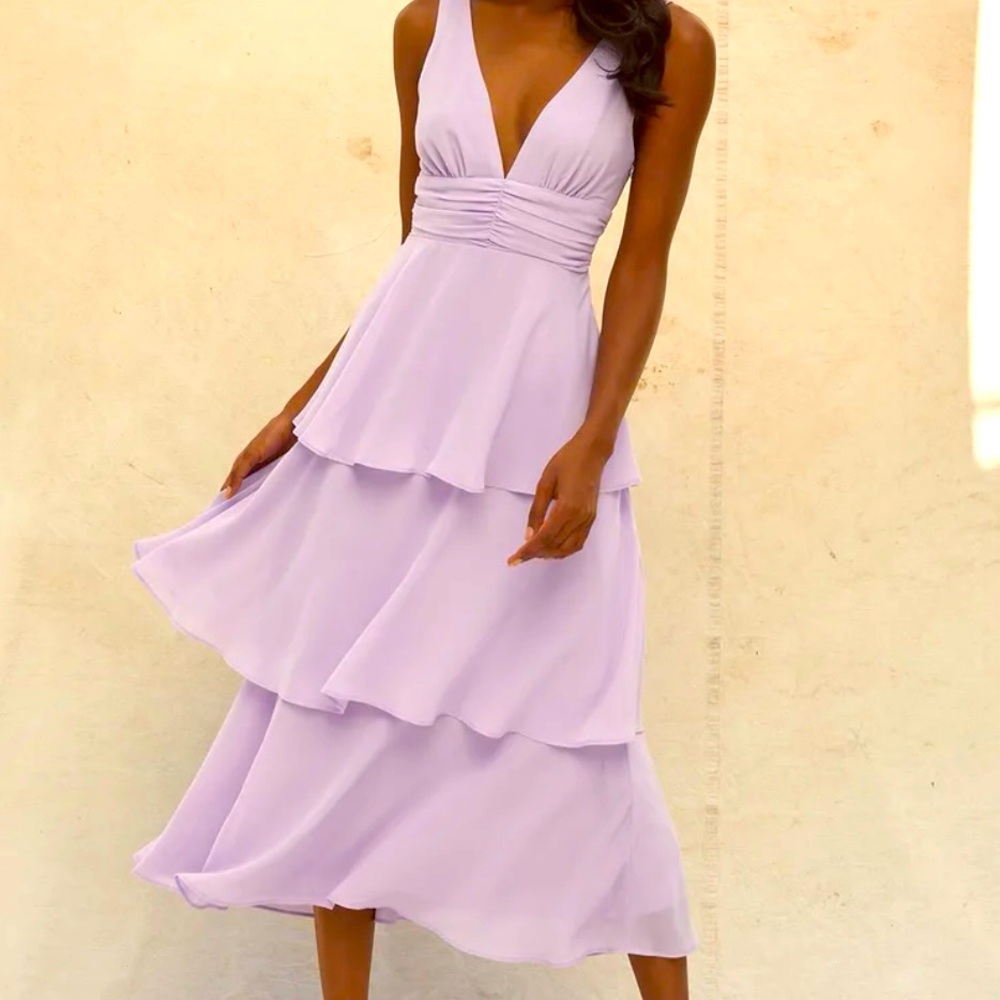 Lulu's Lavender Tiered V-Neck Midi Dress